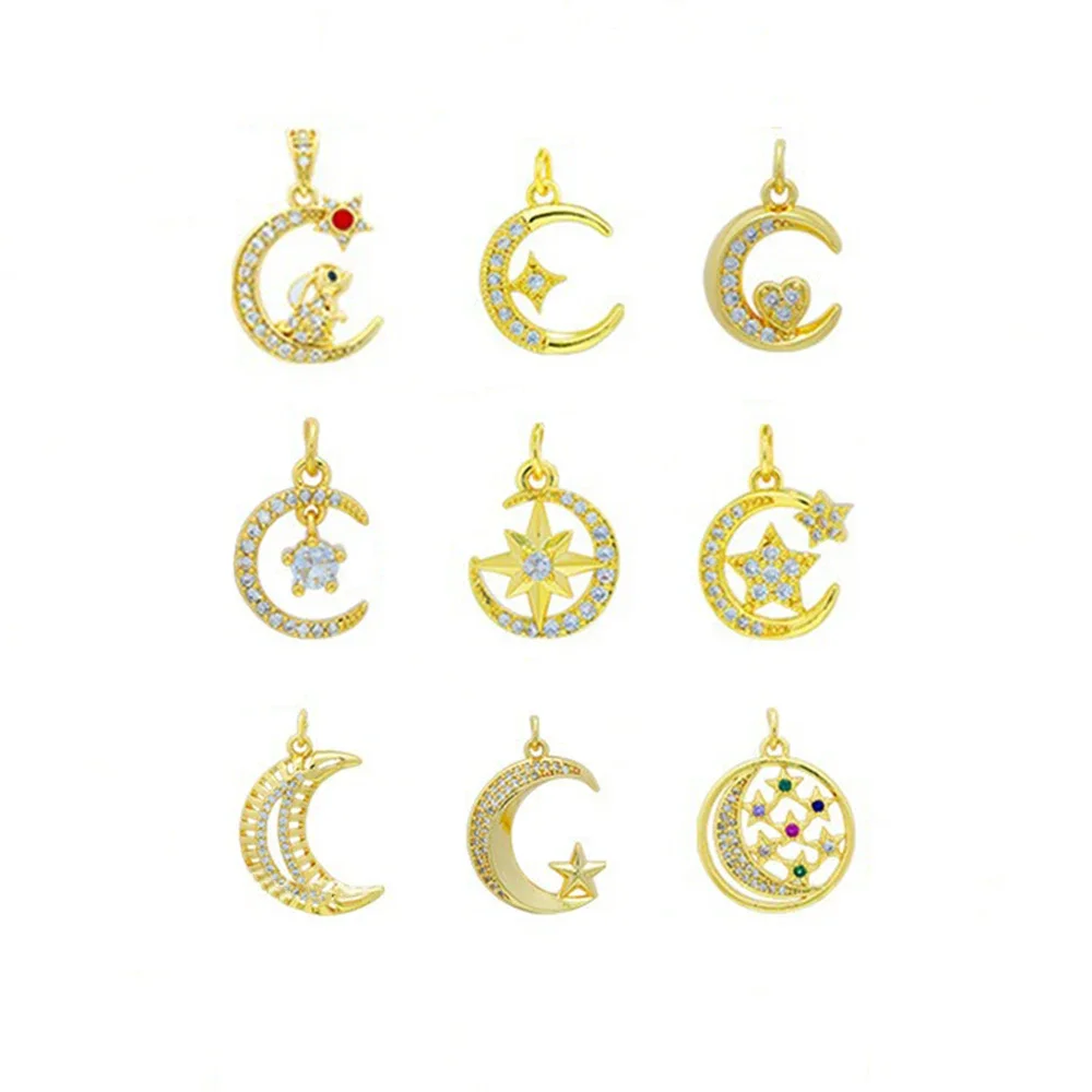 LJRIVER 5 Pcs Charms for Jewelry Making Crescent Sky Moon Star Pendants DIY Keychain Necklace Chains Bracelet Zircon Brass Parts