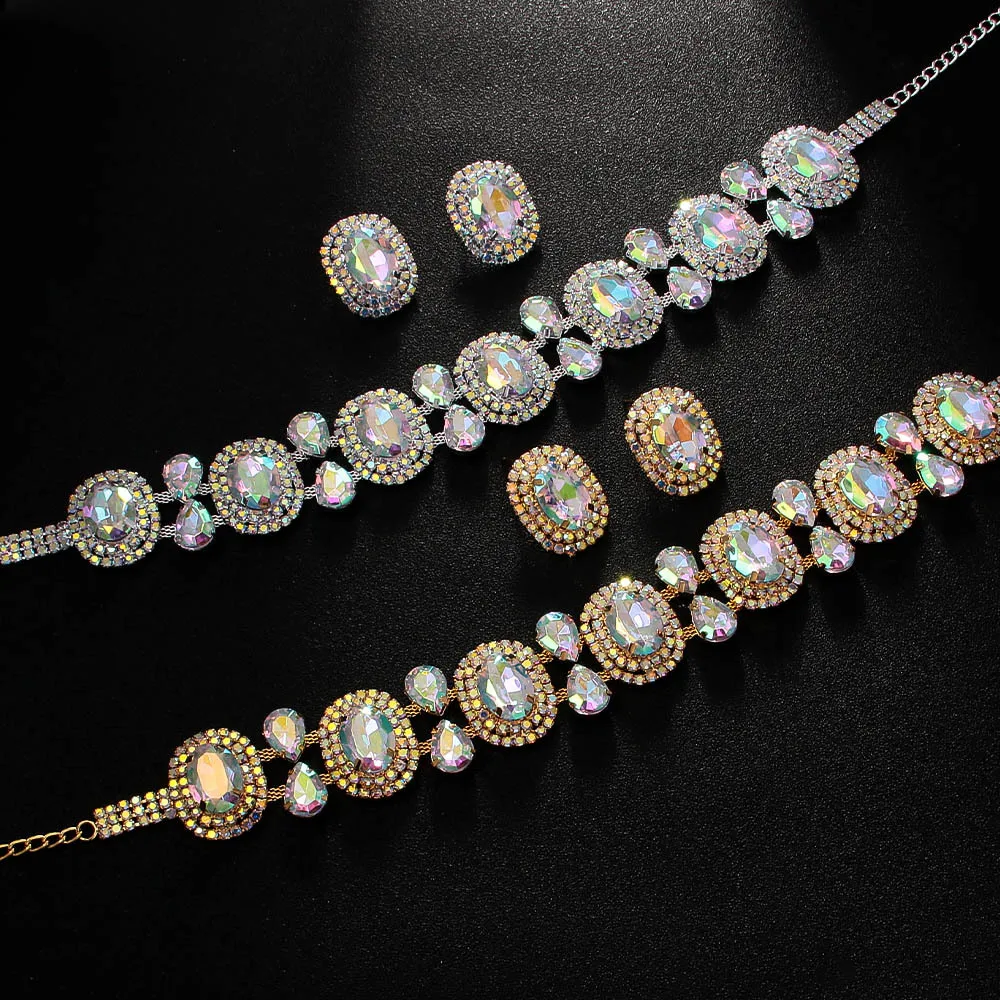 العروس حجر الراين البيضاوي قلادة طقم من الحلقان وصيفه الشرف مجوهرات الزفاف T المختنق قلادة حفلة موسيقية زي مجموعات مجوهرات ملونة