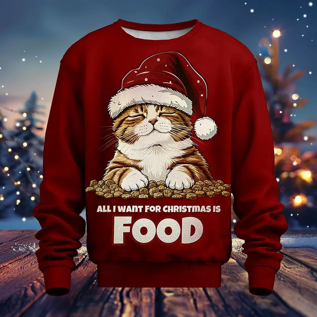 

Men's Cat Christmas Animal Sweatshirt Long Sleeve Hoodie Crew Neck Cute 3D Printing Party Sports Outdoor Holiday Men's clothing