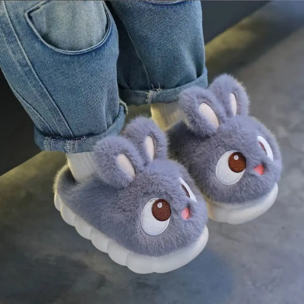 

New Cute Comfortable Warm Rabbit Slippers Faux Fur Fluffy Winter Slippers Big Eyed Waterproof House Shoes Kids
