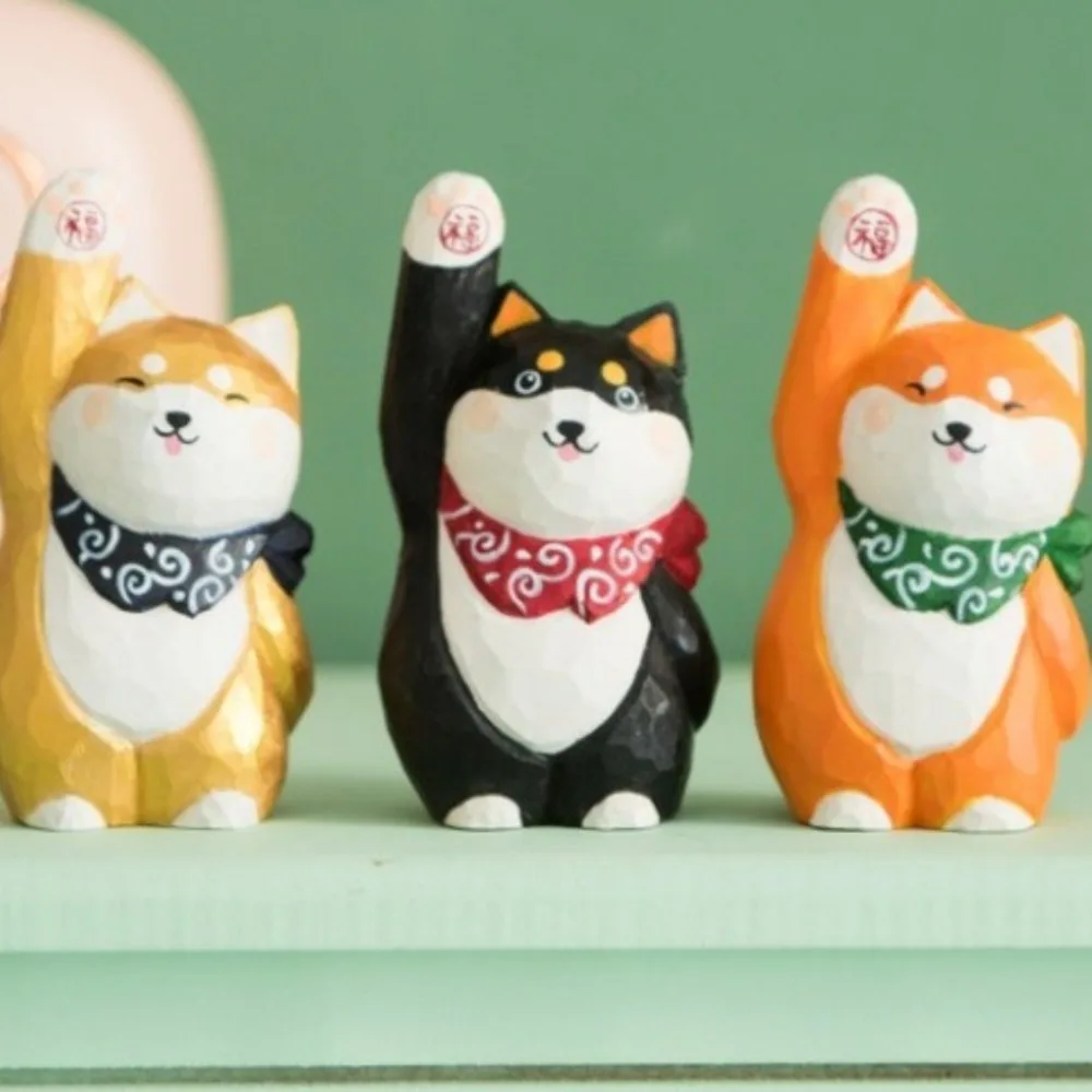 Bring Good Fortune Wood Carving Shiba-Inu Ornament Solid Wood Handmade Painted Cartoon Shiba-Inu Sculpture Cute Small