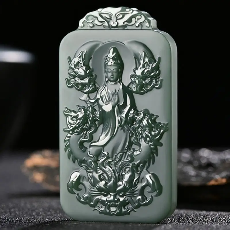 Hetian Jade Tower Qingyi Fine Material Kowloon Guanyin Pendant Men's Pendant