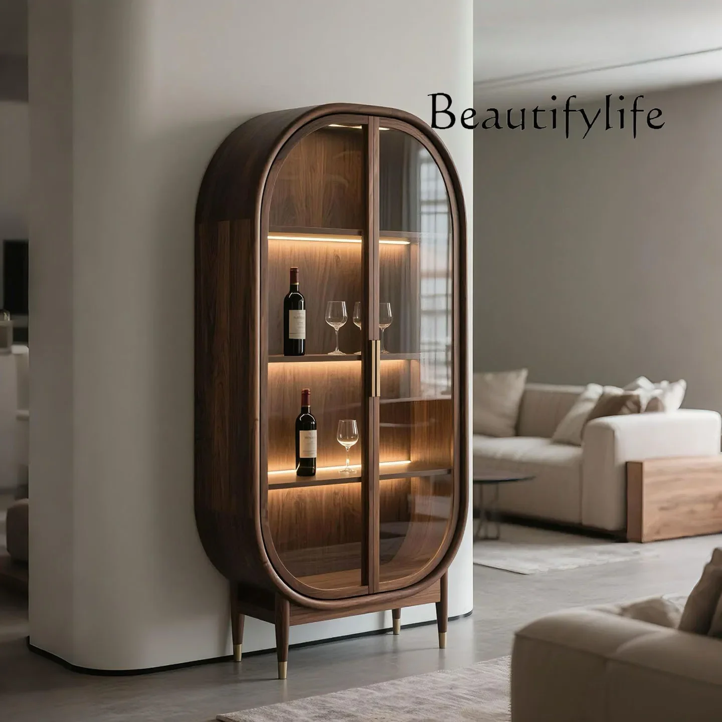 XR North American Black Walnut Glass Wine Cabinet Italian Minimalist Solid Wood Double Door Display Storage Decorative Cabinet