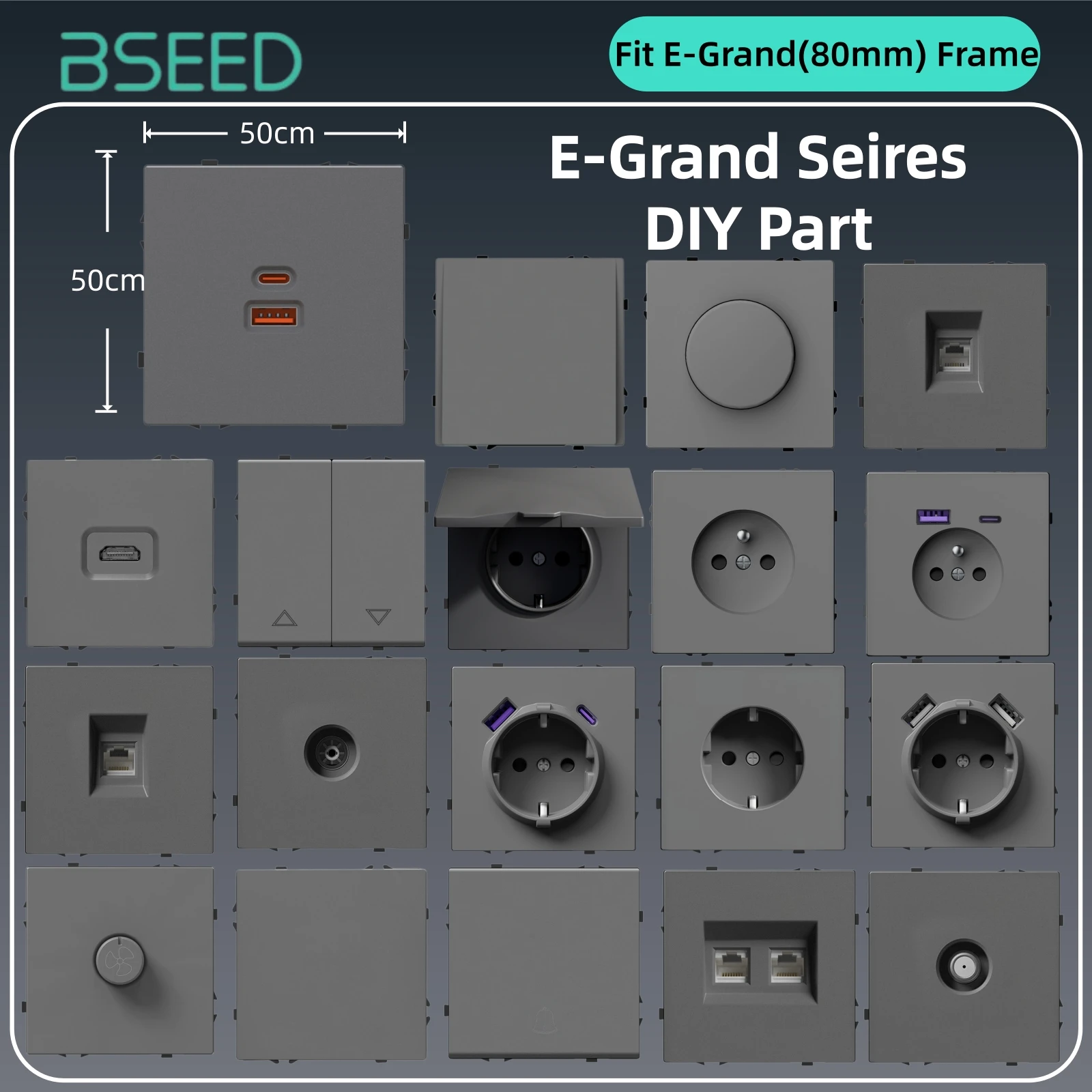 BSEED E Grand Seires DIY Part Curtain Doorbell Switch EU Power Sockets USB Type-c Ports TV/ST/CAT6/TEL Dimmer DIY Function Parts