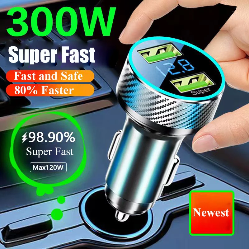 2 in 1 USB Car Charger Adapter 300W Super Fast Charge with Voltage Monitor for iPhone Samsung iPad Huawei Oneplus OPPO VIVO 