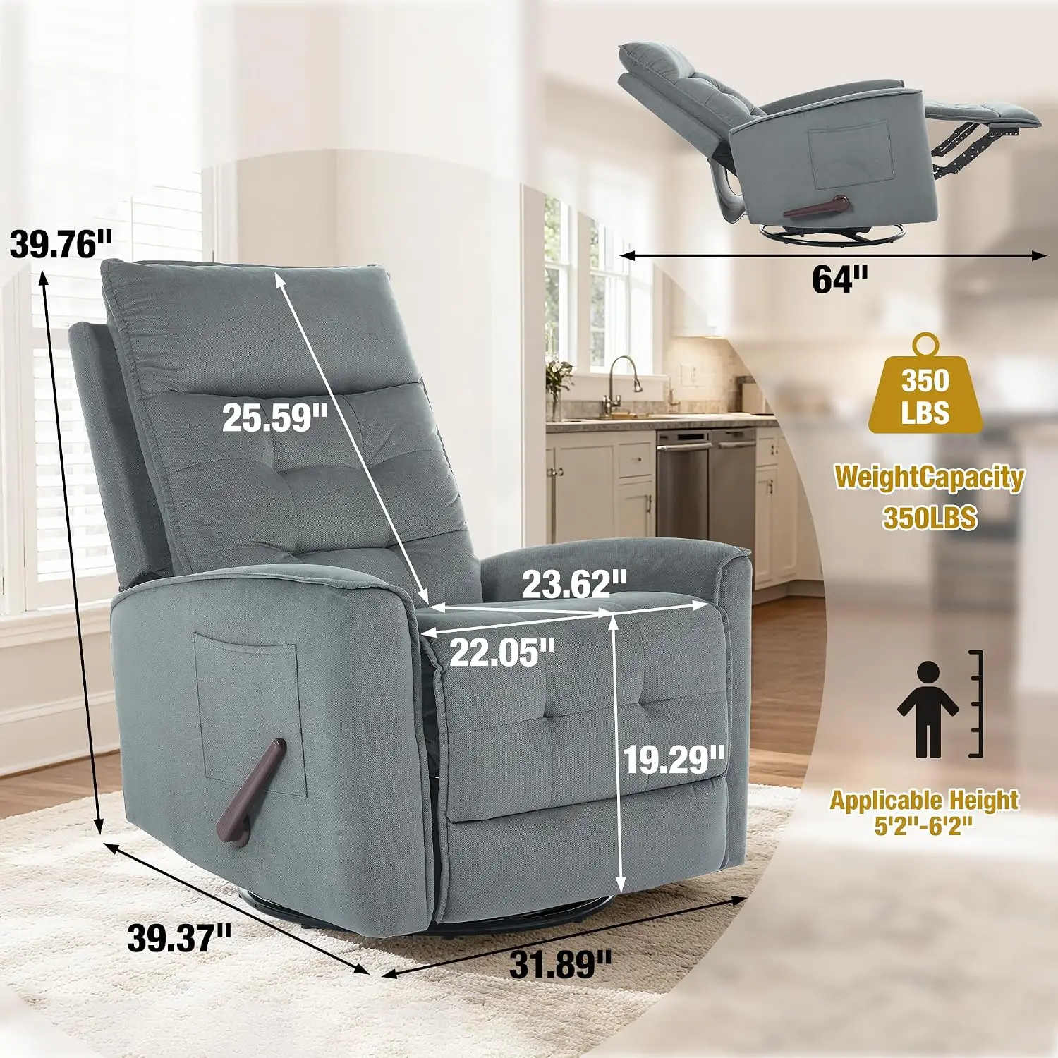 Swivel Rocker Recliner Chair, Rocking Chair, Small Swivel Recliner for Small Spaces, Living Room, RV(Dark Grey), Customized