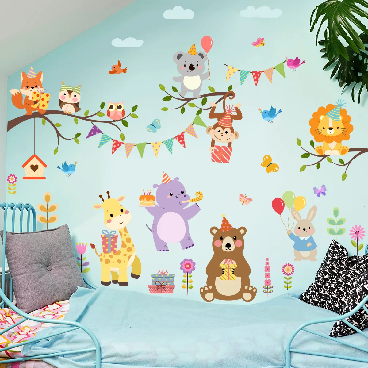 

Whimsical Tree Wall Decals - Cartoon Animals, Butterflies & Clouds for Kids' Room Decor