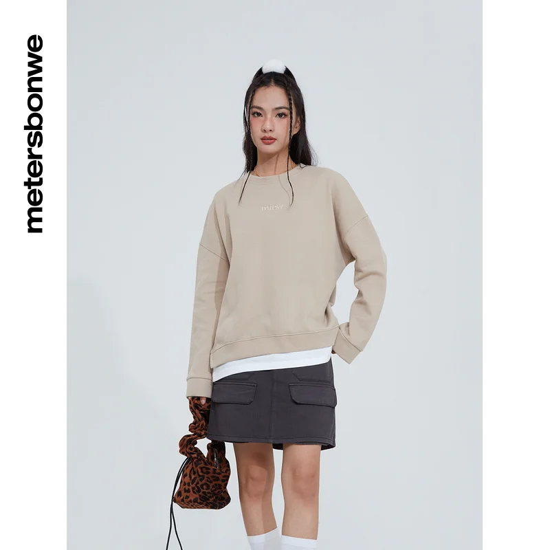 

Metersbonwe Sweater Women Spring Autumn Loose Embroidery Pullover LadiesFake Two Pieces Comfortable O Neck Knitted Sweater Brand