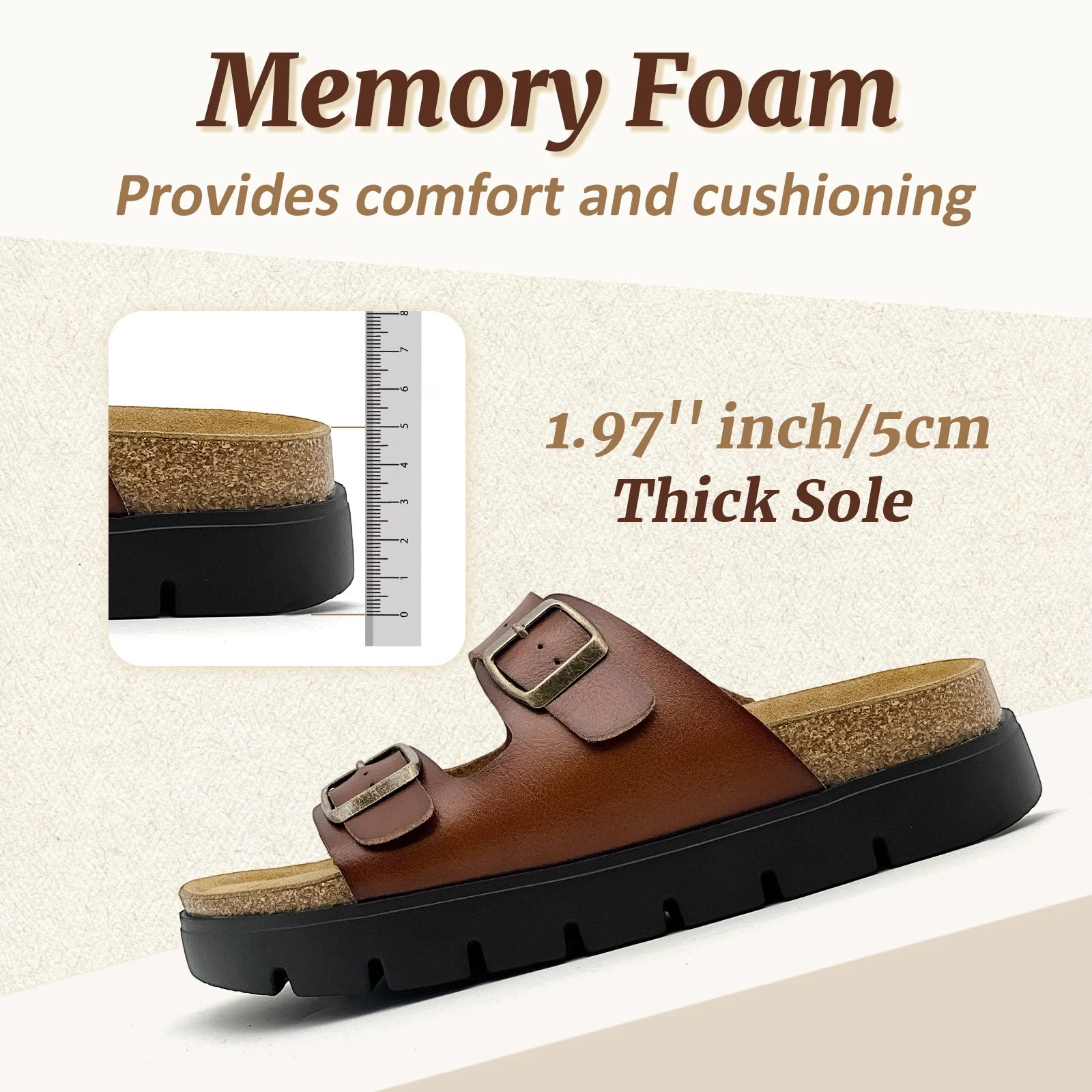 Unisex Platform Slide Sandals Arch Support Cork Latex Memory Foam Footbed Double Buckles Non-Slip Summer Slides for Women Men - view 3
