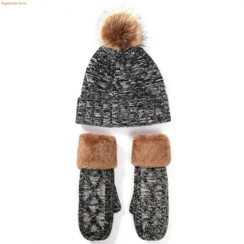 Q5WE 2Pcs Women Winter Warm Cable Knit Plush Lined Beanie Hat with Gloves Set