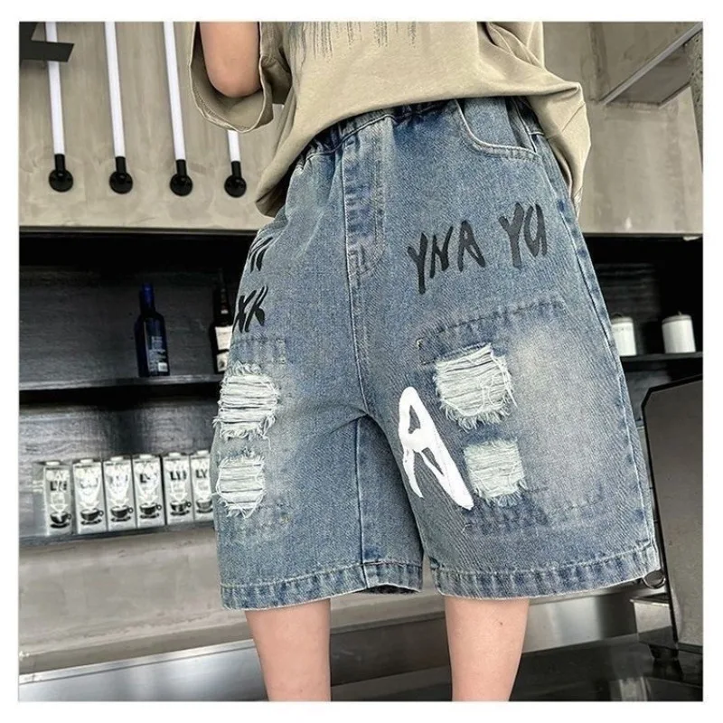 Junior Boys Shorts UNITIM Summer Hole Handsome Kids Boys Denim Shorts Loose Casual Young Teens Boys Shorts 3-12Yrs Boys Shorts view 3