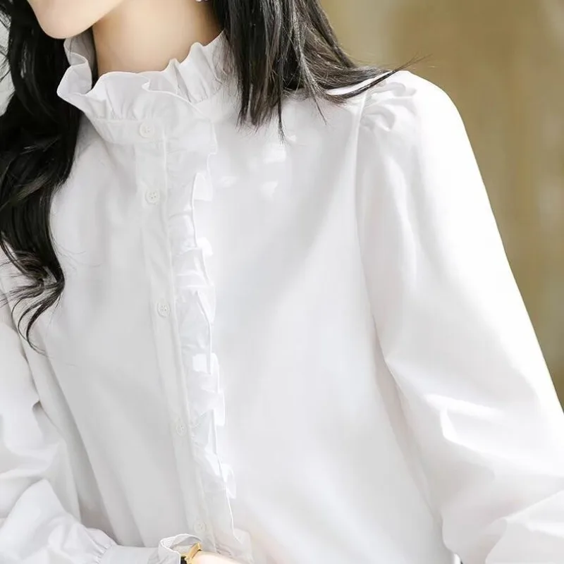 Fashion Elegant Casual Solid Color Ear Edge Shirt 2025 New Spring and Autumn Stand Collar Patched Button Long Sleeve Ruffle Edge 2