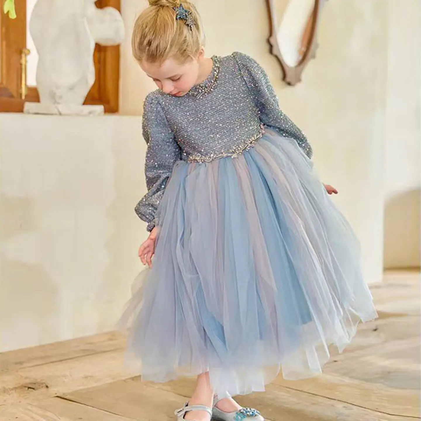 Jill Wish Sparkling Blue Children Long Sleeve Girl Dress Tea Length Arab Princess Baby Wedding Birthday Party Holiday Gown J326