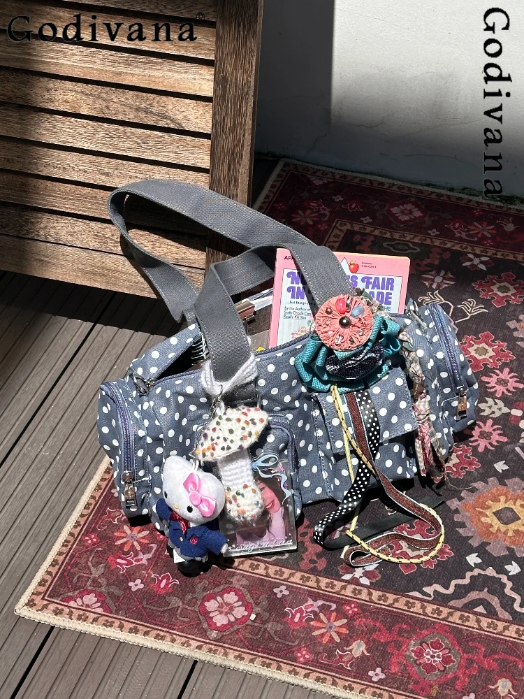 

Японская оригинальная Лолита Sweet Cool Girl Сине-белая сумка в горошек под мышками Холст Симпатичная повседневная повседневная сумка через плечо для поездок на работу