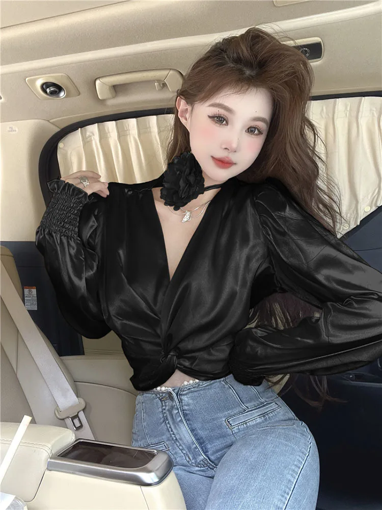 Fashion Short Satin Blouse Corss V Neck Long Puff Sleeves Elastic Halter Drawstring Sexy Women Streetwear  Retro Top