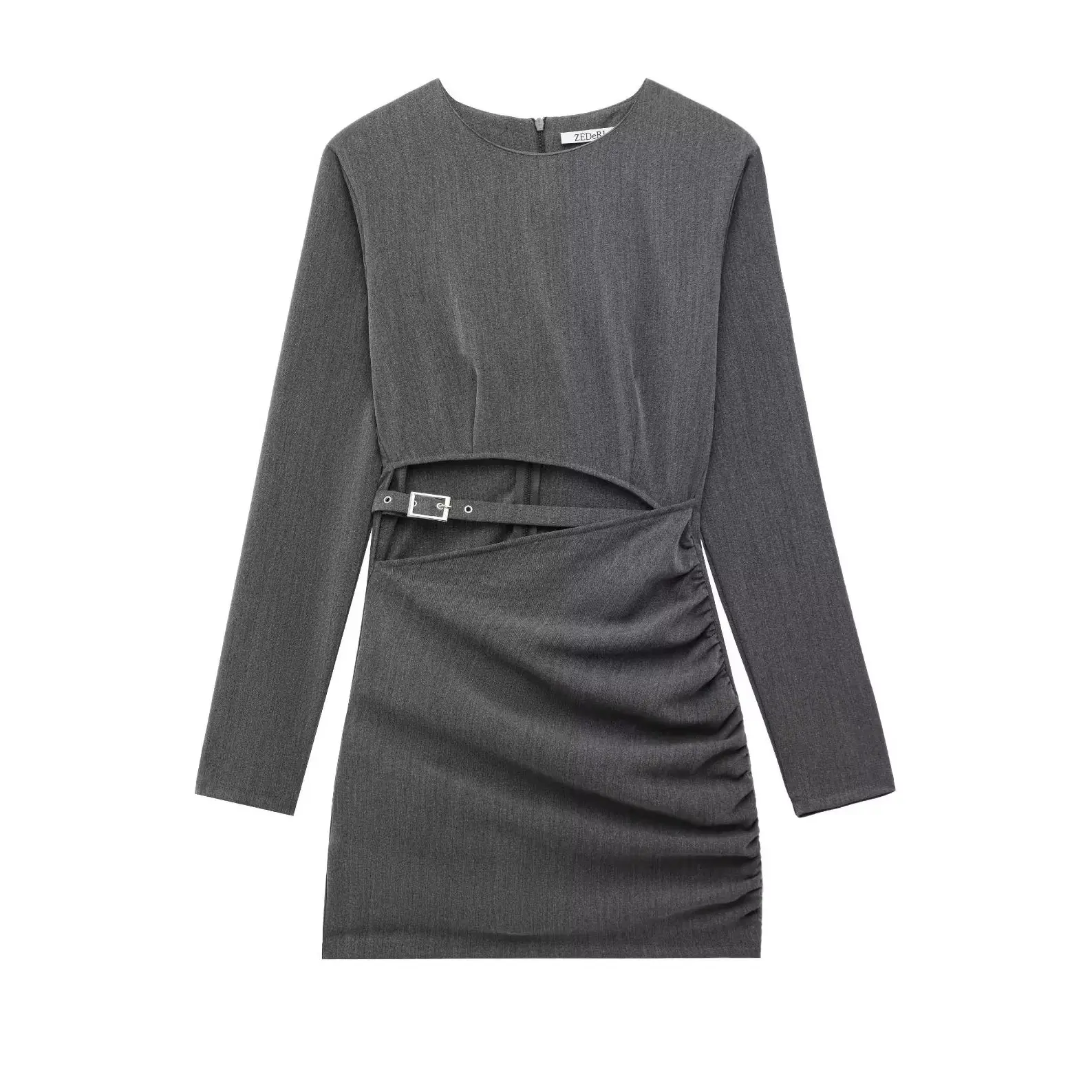 KONDALA Chic Solide Frauen Grau Spitze-up Mini Kleid Mode 2025, Sexy Sommer Cut Out Oansatz Kleid Zipper Weibliche high Street Vestido