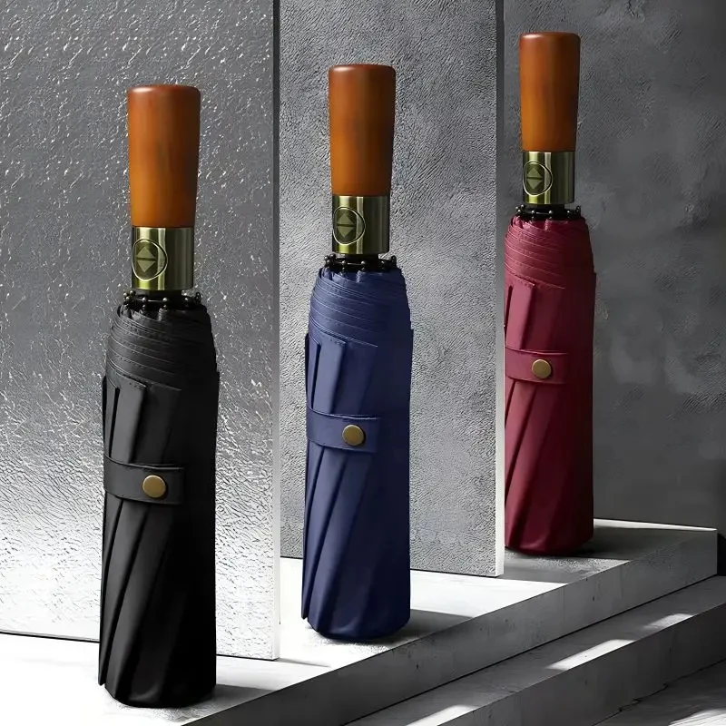 12 Ribs Automatic Umbrella One-Button Retractable Vintage Bronze Wood Handle 3-Fold Business Men UV Sun & Rain Umbrella