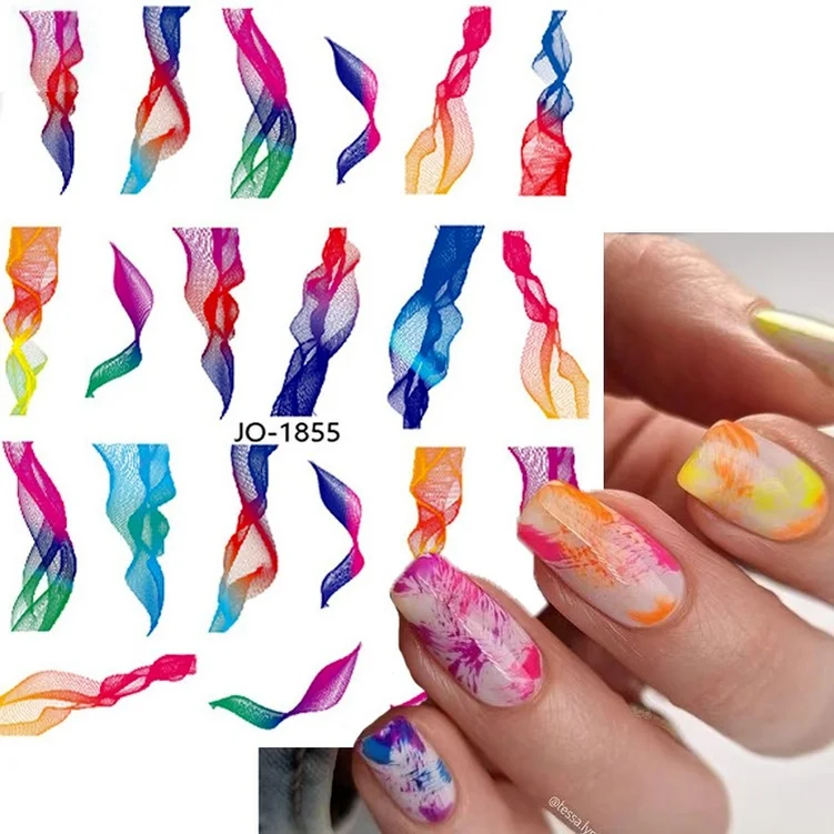 Rainbow French Nail Stickers Colorful Swirl Wave Line Transfer Decal Irregular Stripe Tape Nail Slider Manicure Nail Wraps