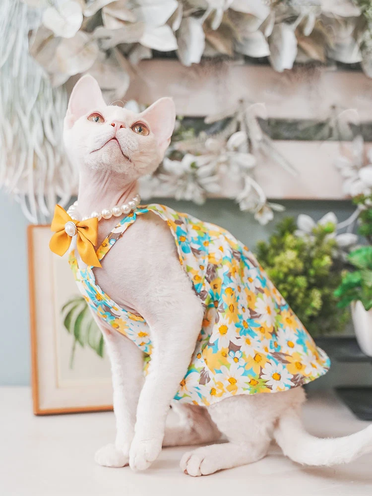 Cotton Shirt for Sphynx Cat Clothes Spring Summer Soft Yellow Green Flroral Skirt Dress For Devon Rex Summer Vest for Kittens