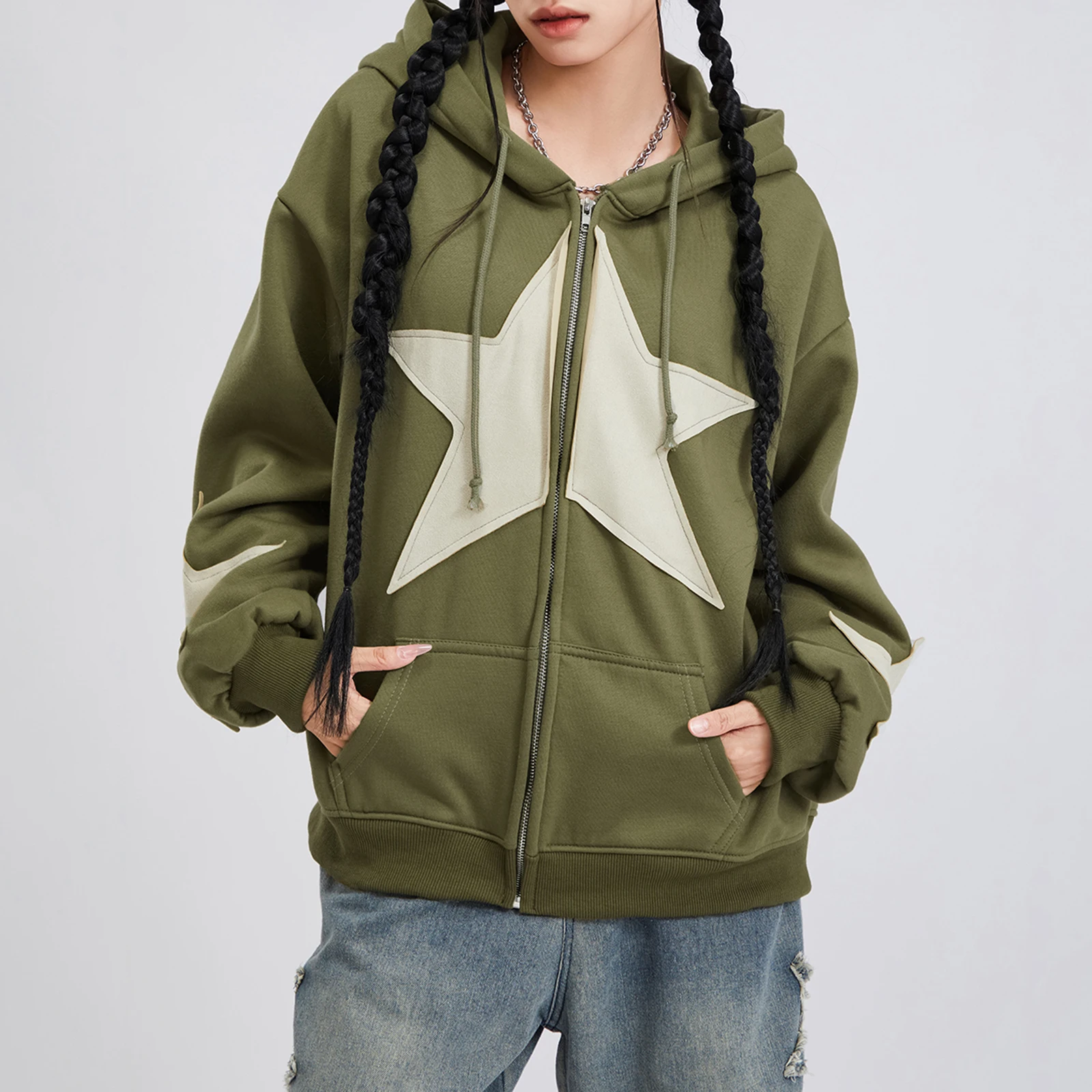 

Women's Autumn Winter Casual Hooded Coat Long Sleeve Star Print Zip Up Drawstring Hoodie Gothic Loose Outwear