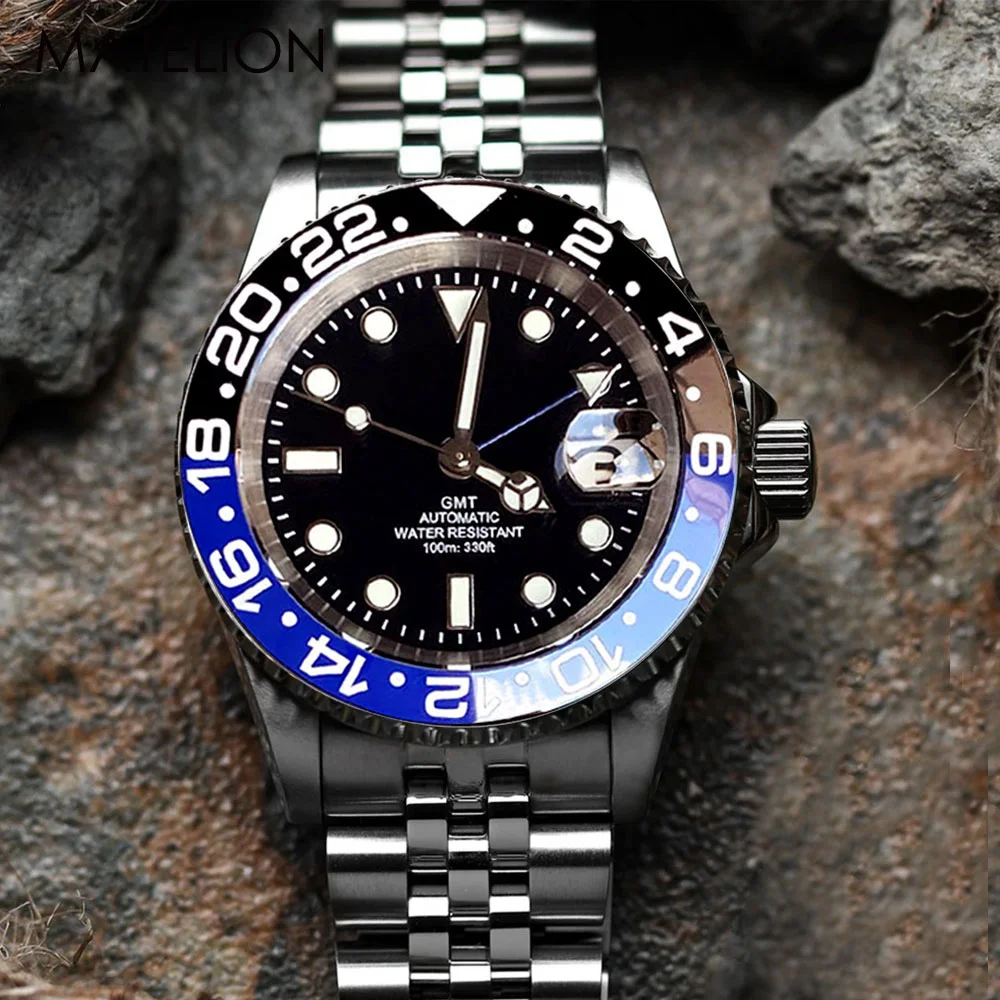 GMT Diver Watch for Men NH34A Movement Automatic Watches Mechanical Swim Luminous Jubilee Strap Slide Buckle 200m Waterproof image 3