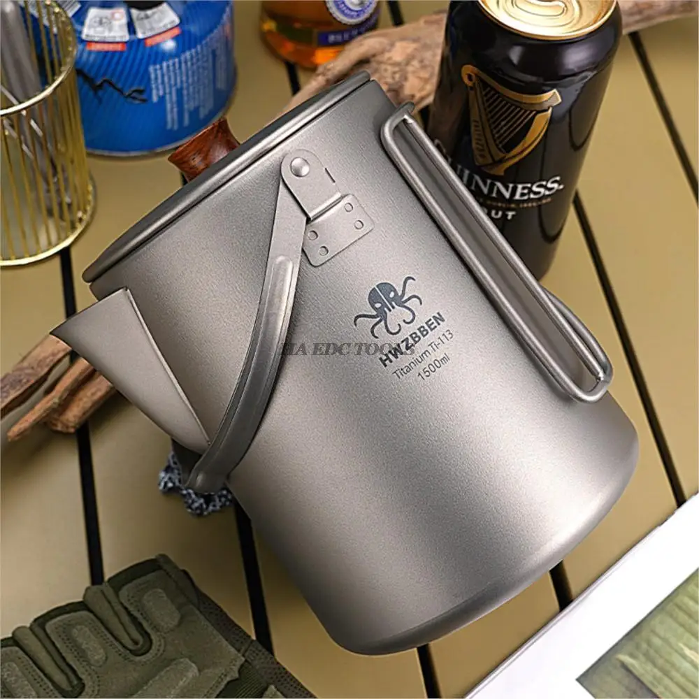 Pure Titanium Outdoor Hand Brewed Coffee Pot 1.5L Foldable Handle Portable Camping Cup Pure Titanium Boiled Water Tea Pot