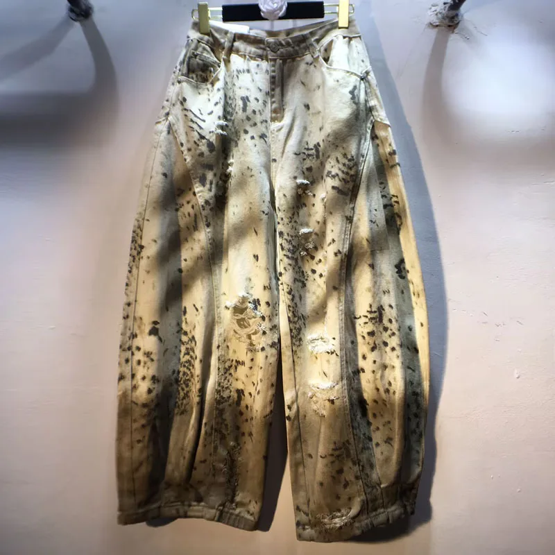 

2025 Autumn New Painted Graffiti High Waist Loose Slimming Scimitar Leopard Print Ripped Jeans, Europe America Long Pants Women