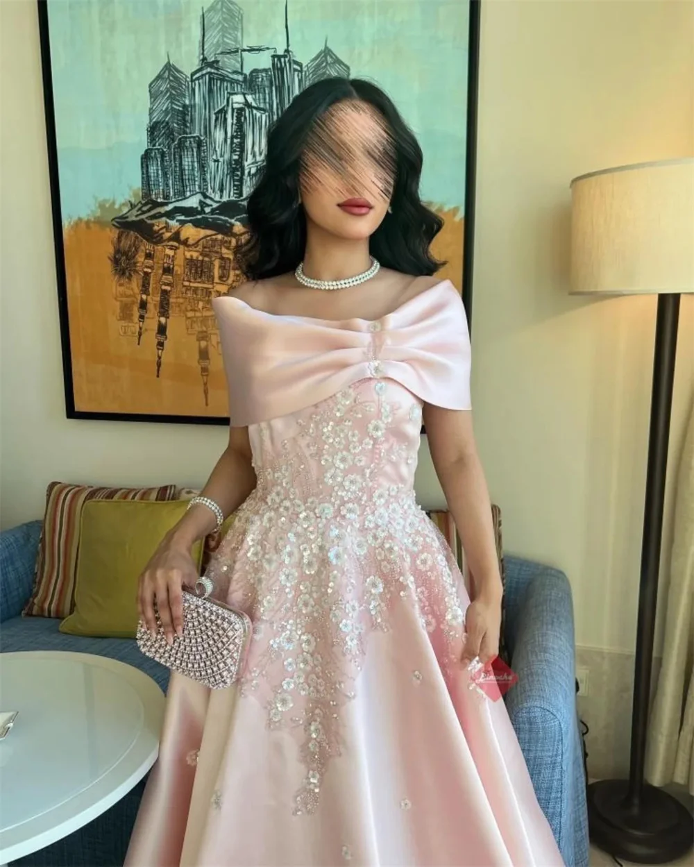 Cathy Customized Pink Off Shoulder Sequinned Appliques Prom Dresses A-Line Lace-Up vestidos de noiva Sleeveless Evening Dress image 2