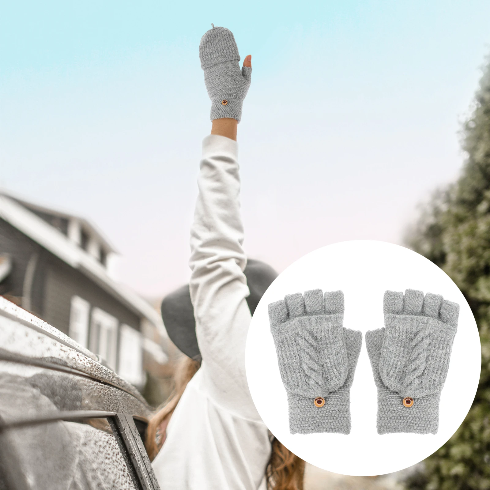 

1 Pair Knitted Convertible Fingerless Gloves Warm Mittens For Women Cold Weather Flip Design Touchscreen Compatible Winter