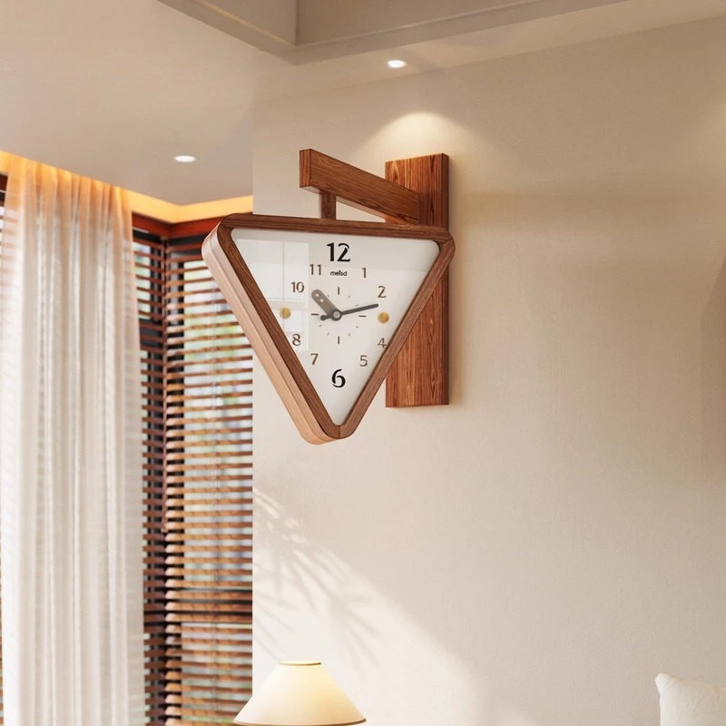 Solid wood double-sided triangular wall clock, creative corner wall hanging table in living room, simple and silent