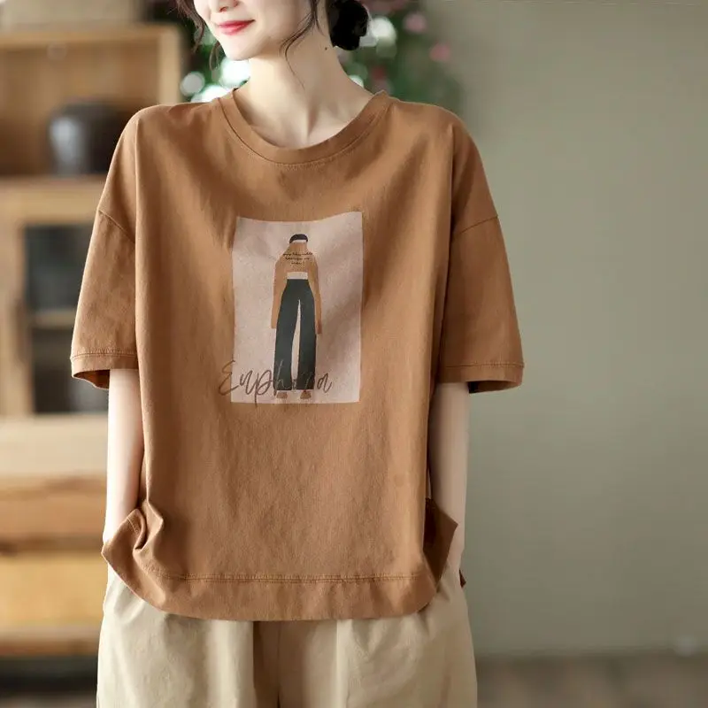 100% Cotton Loose T Shirt Women Fashion Retro Cartoon Print T-shirt Oversized Pullover Casual Short Sleeves TShirts Summer 2024