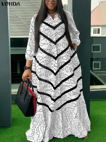 VONDA Plus Size 5XL Women Bohemian Vestidos Autumn Long Maxi Robe Print Ruffled Party Elegant 3/4 Sleeve Casual Oversized Dress