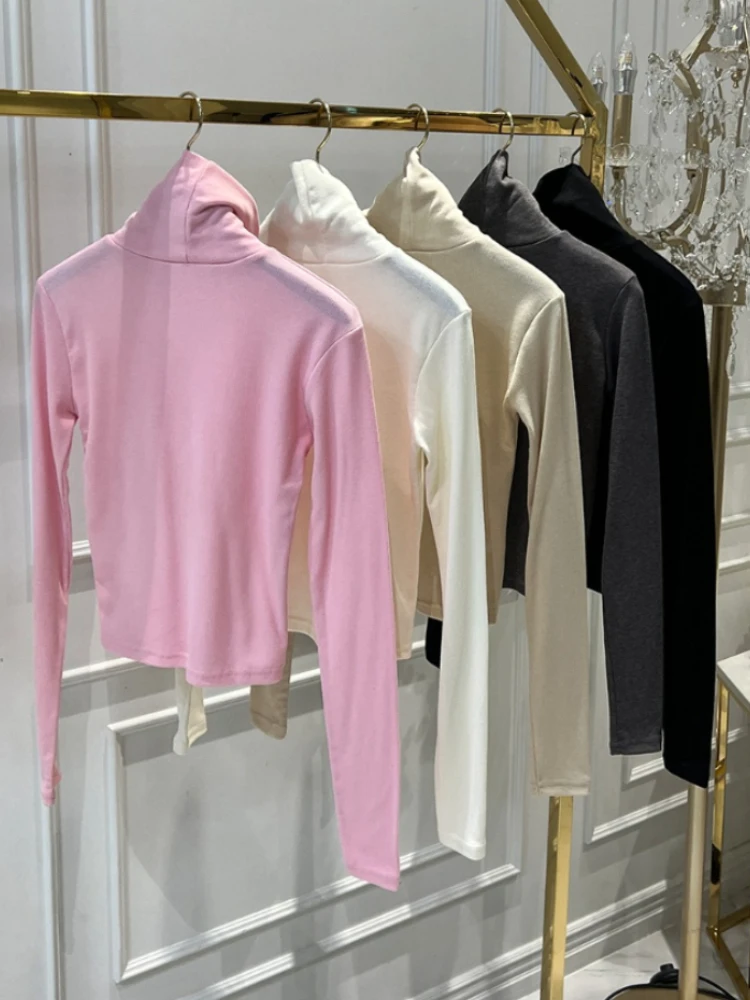 패션 여성 터틀넥 스트레치 티셔츠 여성 슬림 긴팔 티셔츠 단색 다용도 긴팔 티 섹시 크롭탑