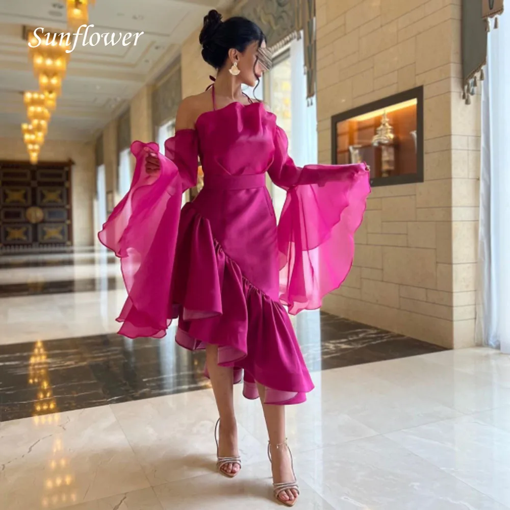 

Sunflower Halter Prom Gowns Bell-bottomed Sleeve Mermaid Evening Dress Slim Ruffles Party Dress 2023 Satin High-end Custom