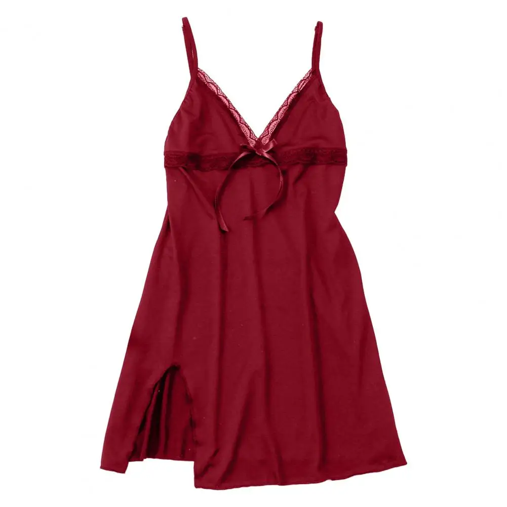 Chemise de nuit en dentelle avec nœud pour femme, vêtements de nuit sexy, col en V, nuisette complète, lingerie, robe de nuit