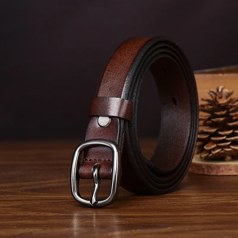 2.4CM Pure Cowhide High Quality Genuine Leather Thin Belts for Women Brand Strap Vintage Jeans Cowboy Leisure Needle Buckle Belt