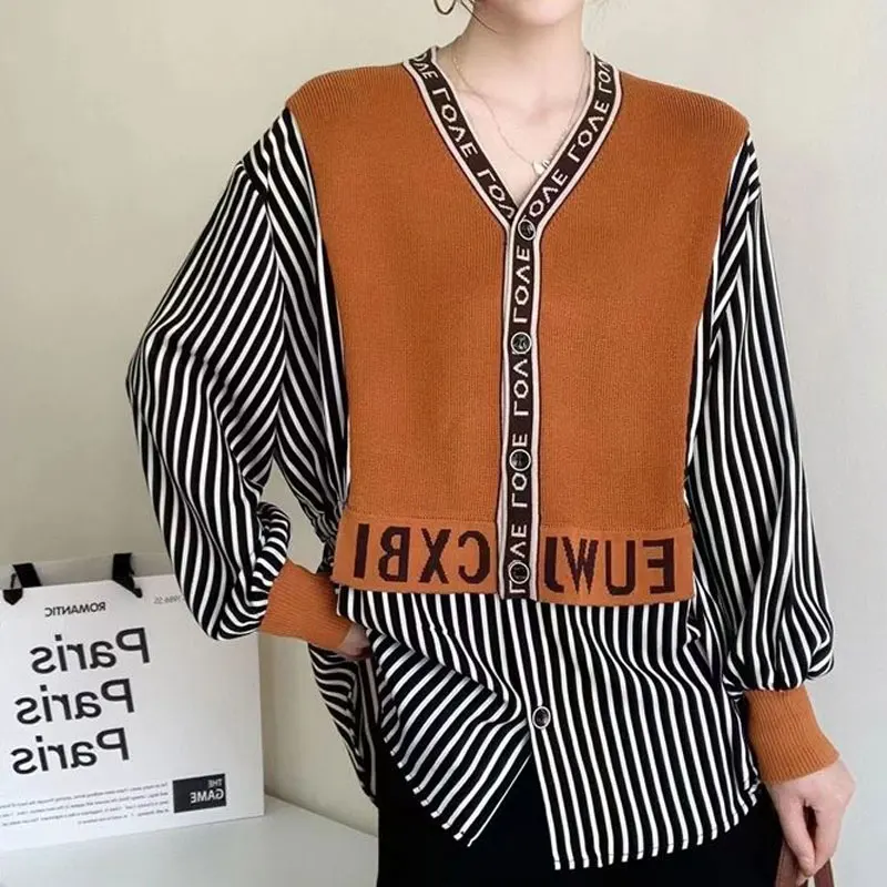 Casual Striped Patchwork Letter Blouse Fake Two Pieces Spring Autumn Elegant V-Neck Single-breasted Female Clothing Loose Shirt