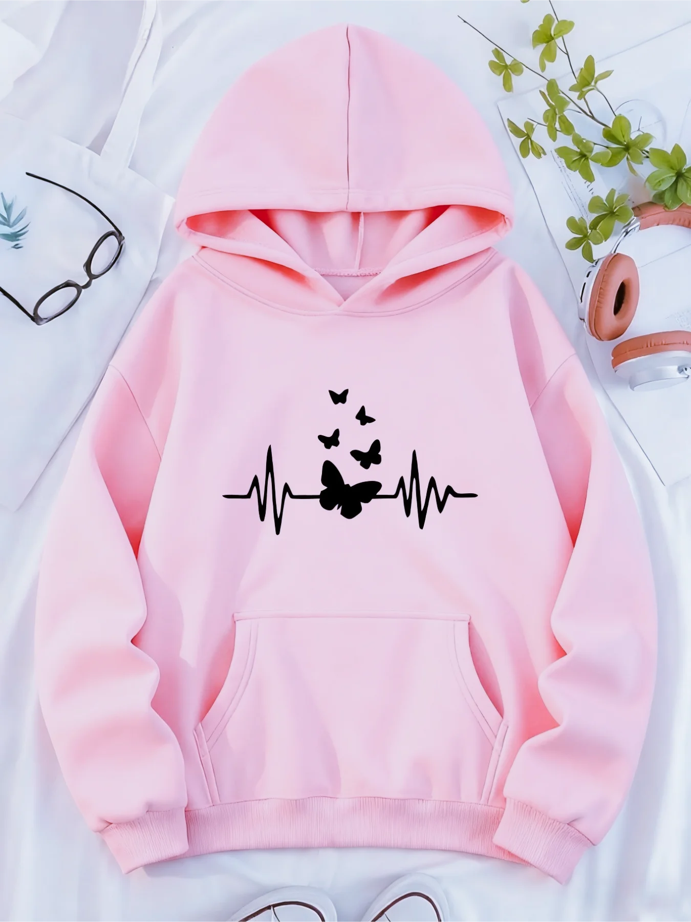 Women Black Butterfly EKG Heartbeat Line Letter Print Hooded Sweatshirt Casual Hoodie With Pocket For Autumn Winter Daily Wear