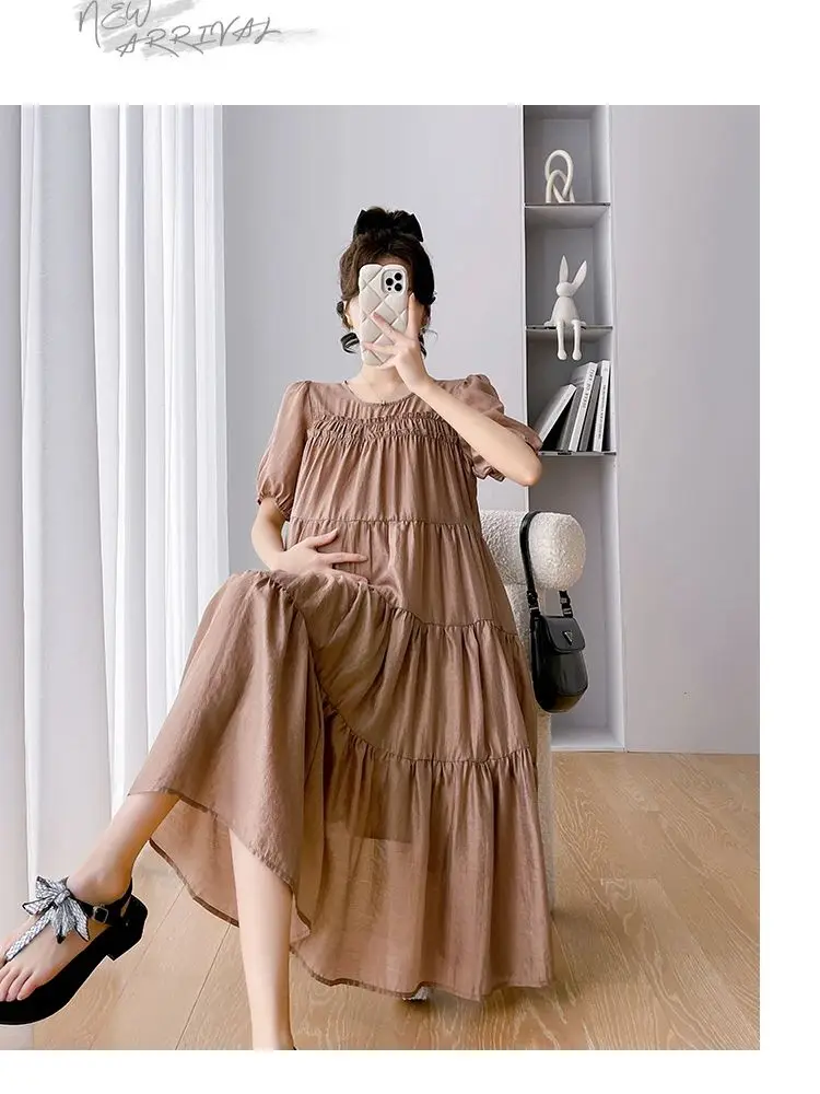 Puff Sleeve O-Neck Summer Maternity Dress Solid Color Pregnant Woman Lightweight Dress Pregnancy Ball Gown Dresses