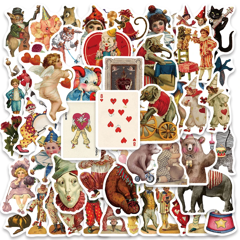 50PCS Vintage Circus Acrobatic Troupe Cartoon Stickers Decals Phone Laptop Guitar Bottle Luggage Book Children Gift Sticker