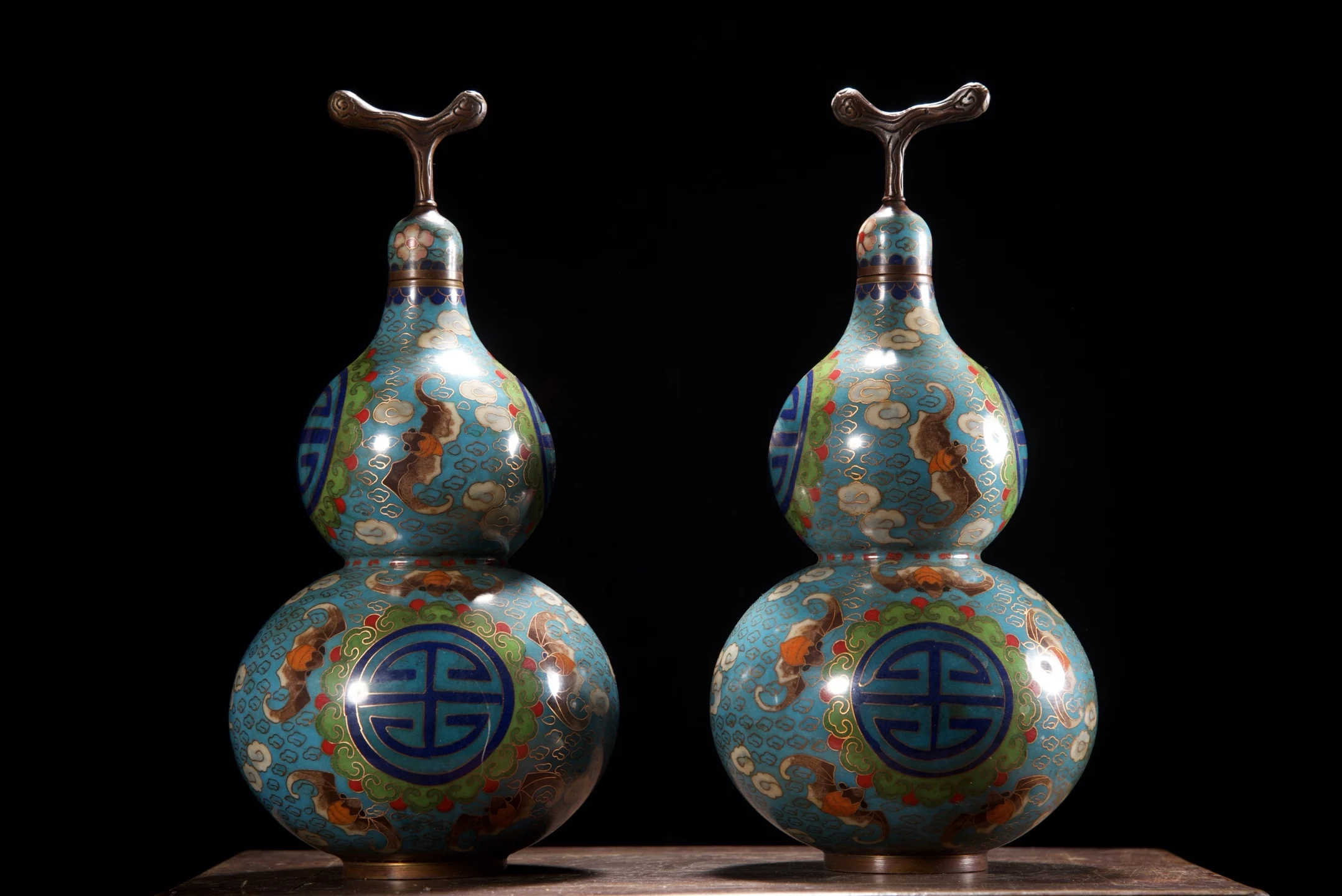 Old Bronze Cloisonne Enamel Bat melon vine pattern Fushou gourd calabash Town house Exorcism a set Study Amass wealth Ornaments