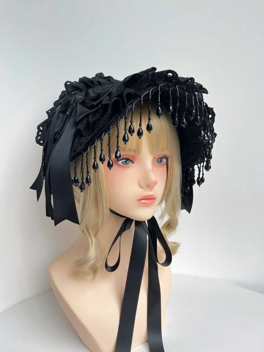 Victorian Gothic Teaparty Hat with Lace Bowknot Design Black Pearls Tassesl Hat Prop Fashionable Accessory for Halloween Party 6