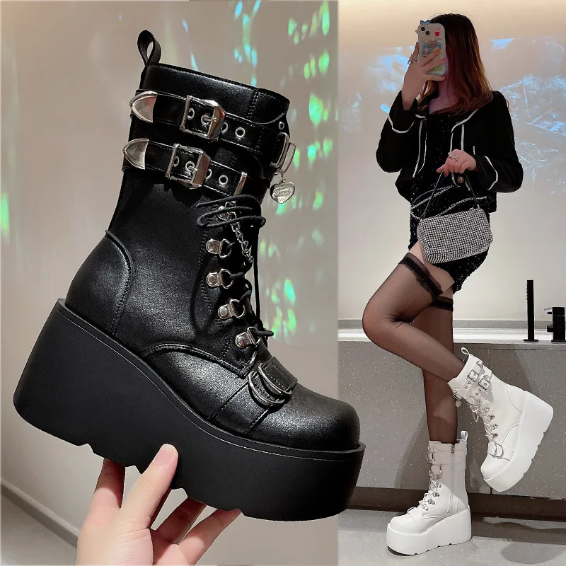 Stivali da donna stile punk Stivali da donna in pelle a tubo lungo gotico di marca Cosplay Stivali alti da donna con zeppa con tacco alto da donna