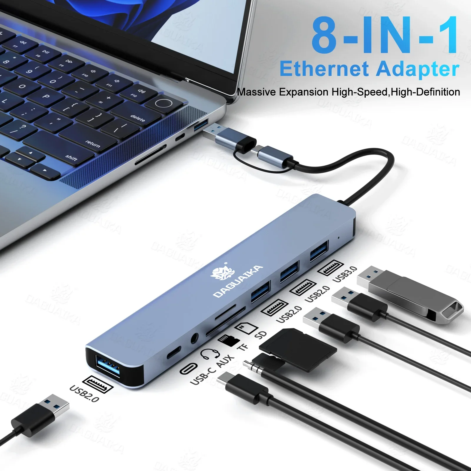 

USB HUB 8 in 1 with SD/TF Card Reader 3.5mm Aux Ports for MacBook Pro Air PC Laptop Tablet