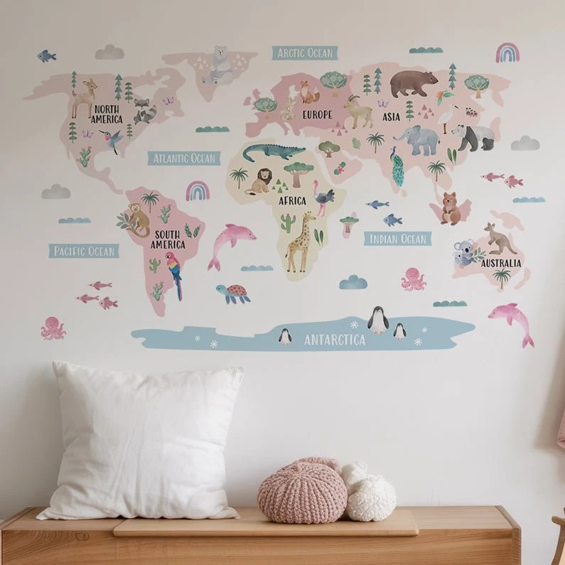 Large Watercolor World Map Wall Stickers  Animals Educational Map of The World Wall Decals for Playroom Kindergarten Classroom