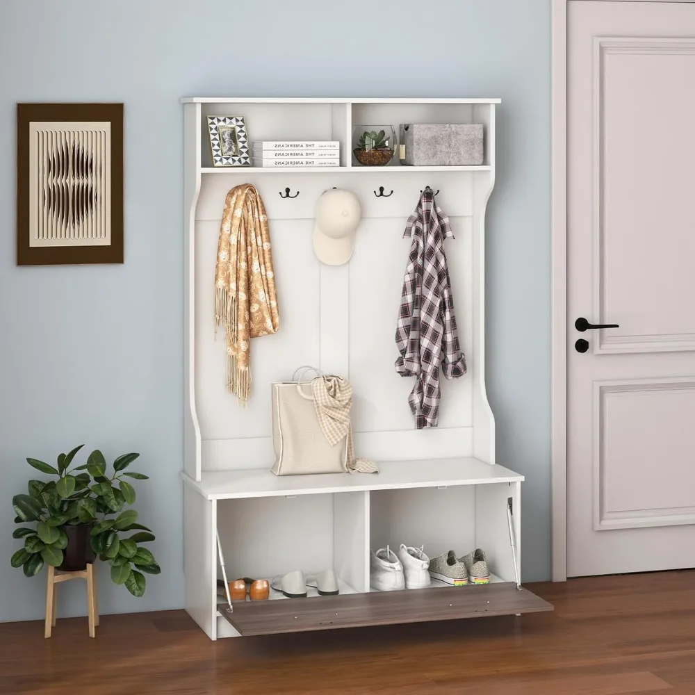 Multifunctional Entryway Coat Rack with Storage Bench and 5 Hooks, Freestanding Wooden Hall Tree for Home