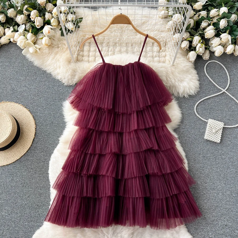 Clothland Women Sexy Mesh Strap Dress Spaghetti Straps Ball Gown Candy Color Chic Mini Dresses Vestido QD869