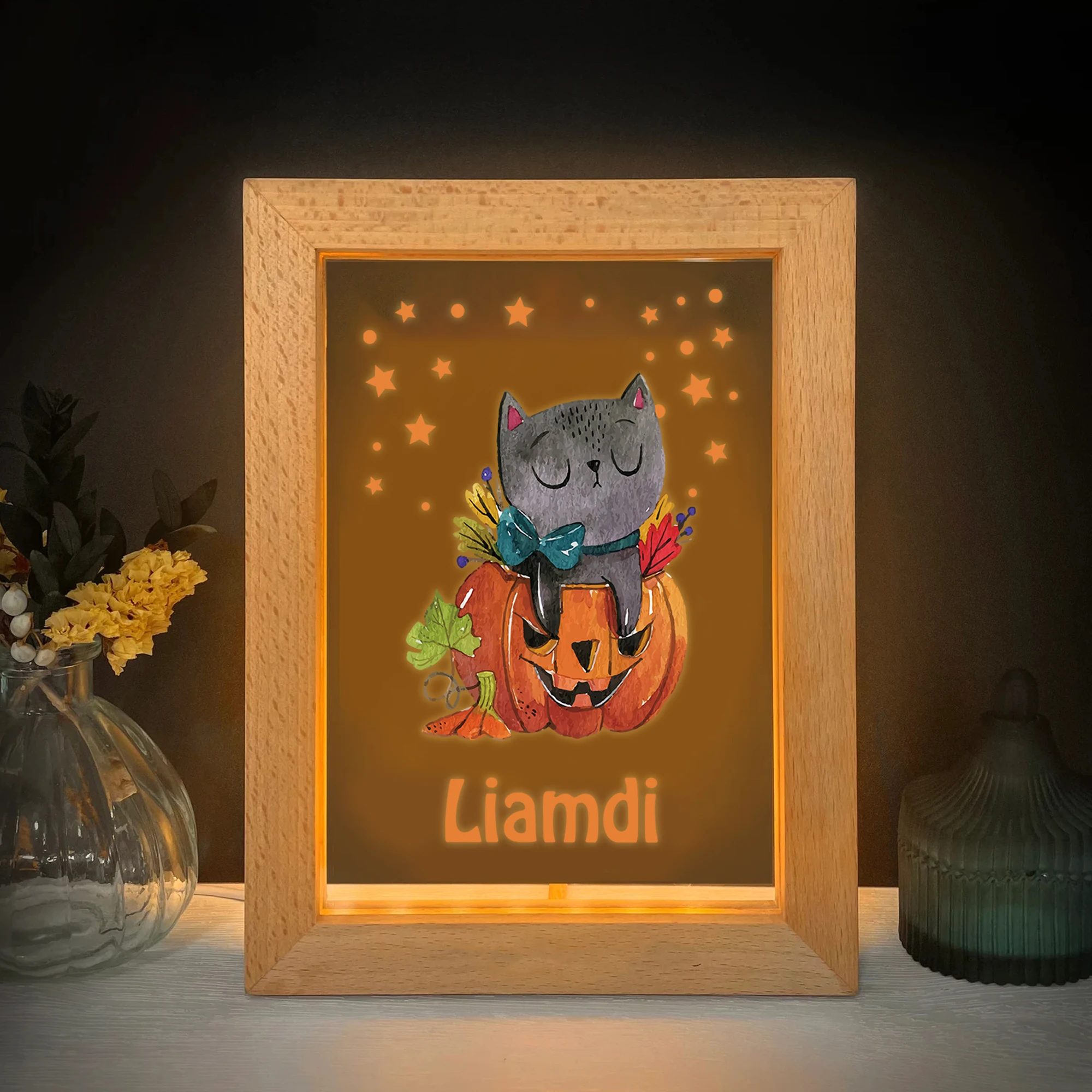 2D شقة مخصصة اسم القط الرعب اليقطين LED الاكريليك ضوء الليل إطار صور خشبي 21x17 سنتيمتر هالوين غرفة نوم هدية ديكور المنزل #3