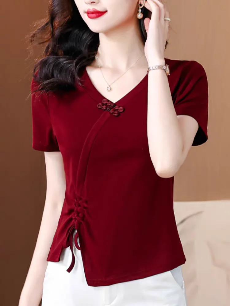 

Women's Casual Cotton T-shirt Solid Color V Neck Draw String Tees Female Short-sleeved T-shirt Ladies Summer Slim Fit Tops