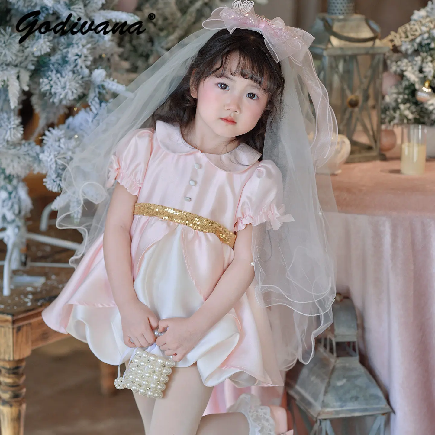 Original Sweet Baby Girls High End Princess Dress 2026 Summer New Kids Daily Elegant Puff Sleeve Doll Collar Birthday Ball Gown